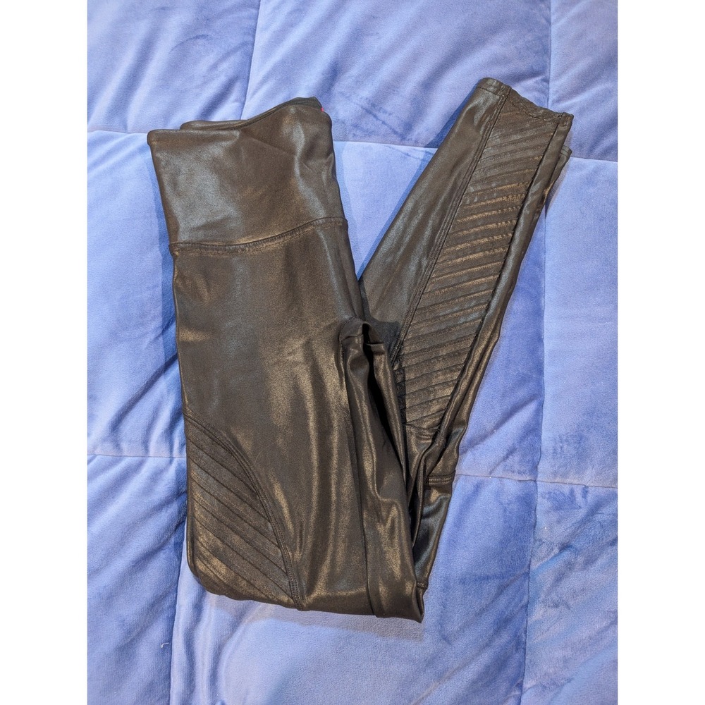 Spanx Moto Faux Leather Leggings Womens Black Ribbed High Waist - Size M